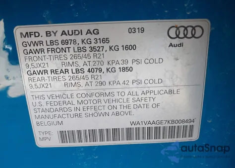 2019 Audi E-Tron Premium Plus из США, поврежденный, VIN WA1VAAGE7KB008494
